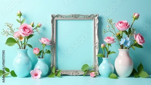 Pastel Pink Roses and Blue Vases with an Ornate Silver Frame on a Light Aqua Background