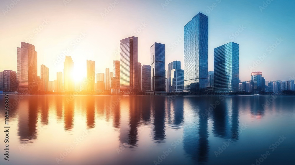 A vibrant city skyline at sunrise, reflecting on calm waters. A vibrant city skyline at sunrise, reflecting on calm waters.
