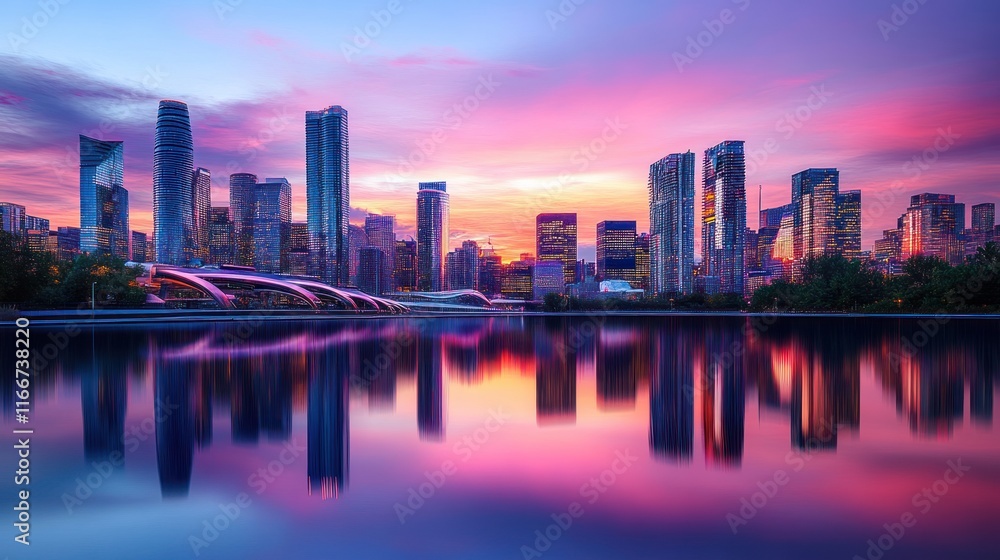 Fototapeta premium A vibrant city skyline at sunset reflected in calm water.