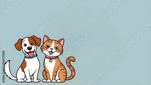 Dog and Cat Sitting Together with Exaggerated Expressions and Playful Poses on Paster Blue Background With Copy Space