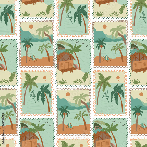 Scenic summer vacation seamless pattern. Tropical beach landscape background. Travel stamps, hand drawn palm tree, sea, cabin, surfboard. Vector cute seaside design, patchwork style textile, wallpaper