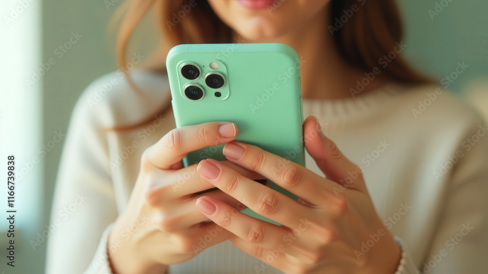 Woman using smartphone with green case browsing internet inside home Woman using smartphone with green case browsing internet inside home