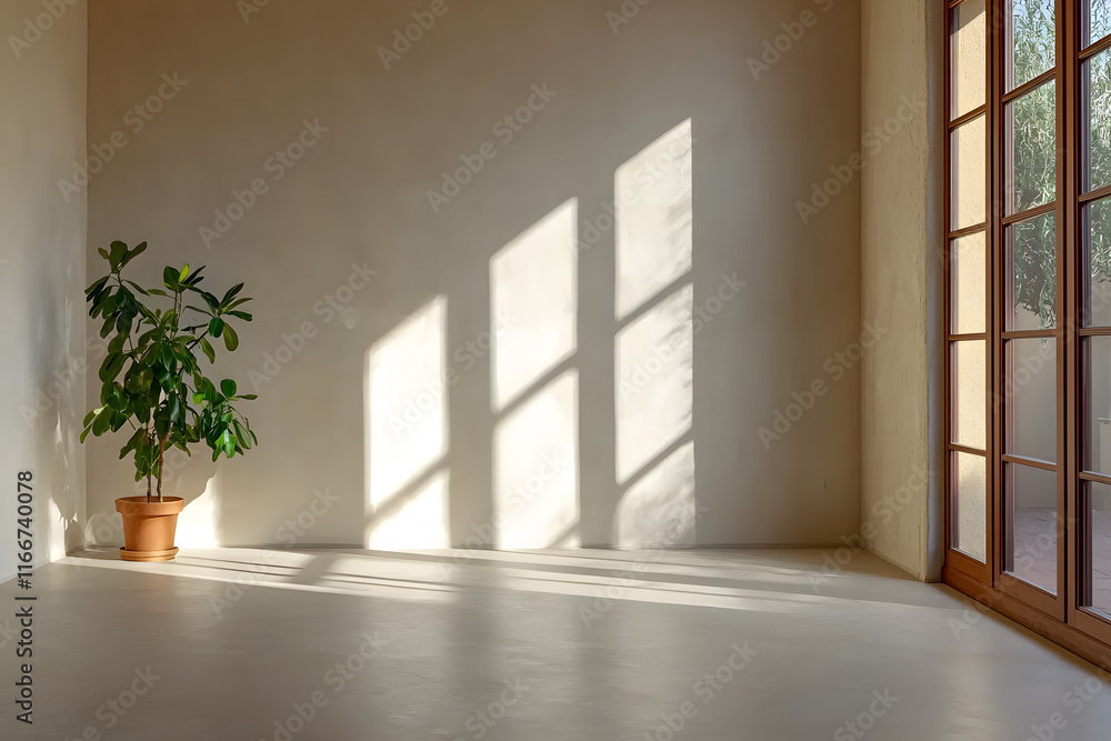 Obraz premium serene interior space featuring smooth white plaster wall, potted plant, and soft sunlight casting shadows. minimalist design creates calming atmosphere