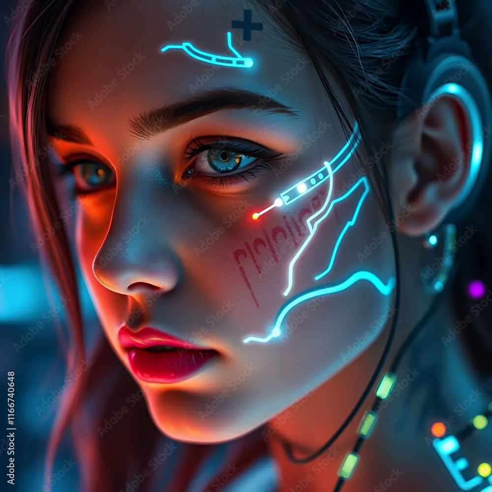 Futuristic Portraits of Cyberpunk Women: Sci-Fi and High-Tech Aesthetics in Virtual Reality Concept, Generative AI Art Futuristic Portraits of Cyberpunk Women: Sci-Fi and High-Tech Aesthetics in Virtual Reality Concept, Generative AI Art
