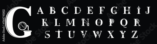 Robotics word. The inscription and letters are stylized in the form of details of robots and mechanisms. Vector illustration.
