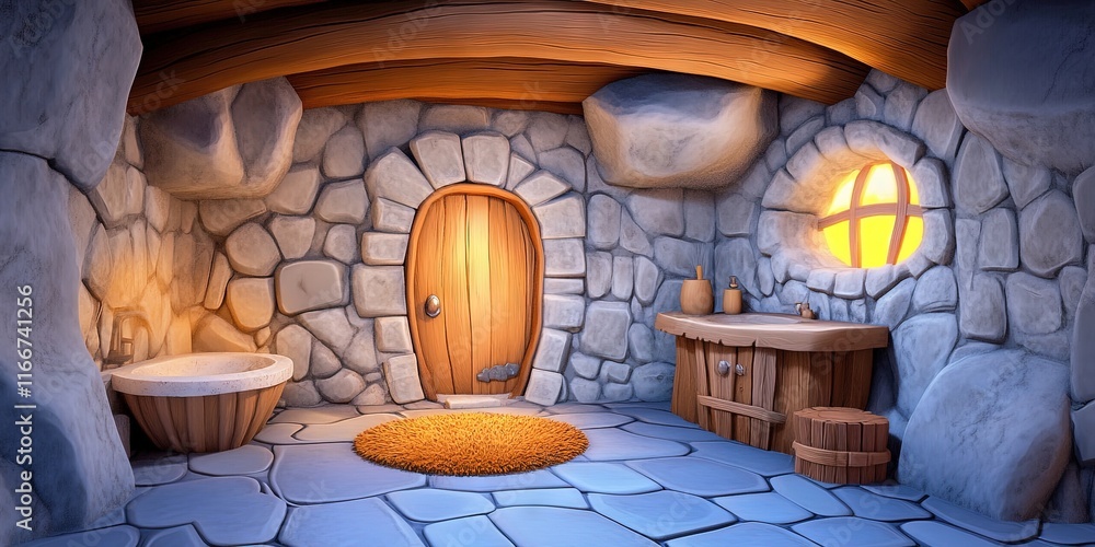 Obraz premium 2d animated cartoon stone bathroom, cave interior, well lit, prehistoric interior design