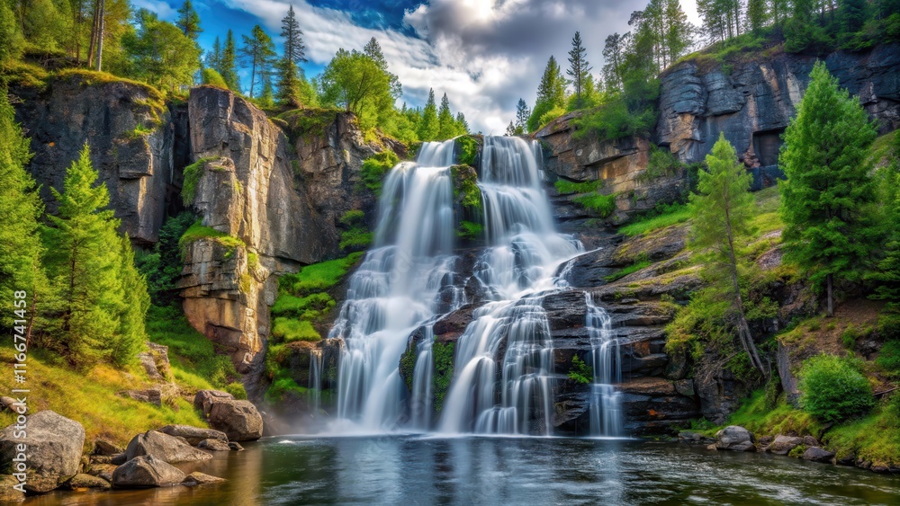 Obraz premium A beautiful waterfall cascading down the rocky cliffs surrounded by lush greenery in Silverfallet, Sweden
