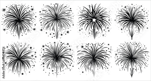 Black firework burst vector silhouettes collection, Fireworks exploding vector silhouettes, Decorative firework bursts silhouettes, Fireworks vector silhouettes for design elements