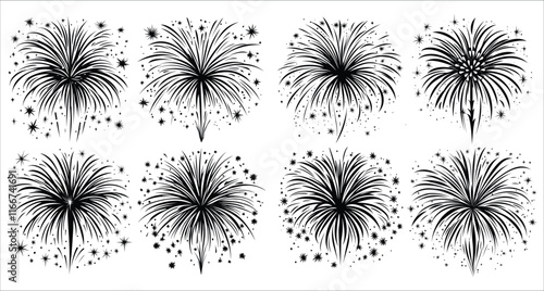 Fireworks exploding vector illustration, Celebrations fireworks vector silhouettes, Festive fireworks silhouettes vector design, Abstract fireworks vector silhouettes, Black fireworks silhouettes