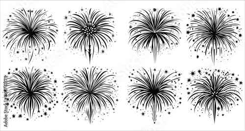 Fireworks exploding vector illustration, Celebrations fireworks vector silhouettes, Festive fireworks silhouettes vector design, Abstract fireworks vector silhouettes, Black fireworks silhouettes
