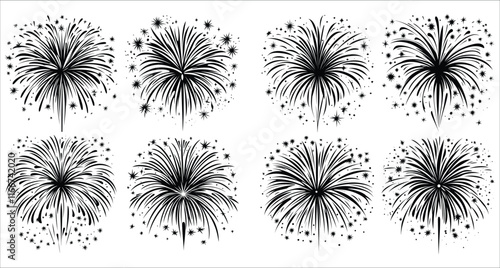 Fireworks exploding vector illustration, Celebrations fireworks vector silhouettes, Festive fireworks silhouettes vector design, Abstract fireworks vector silhouettes, Black fireworks silhouettes