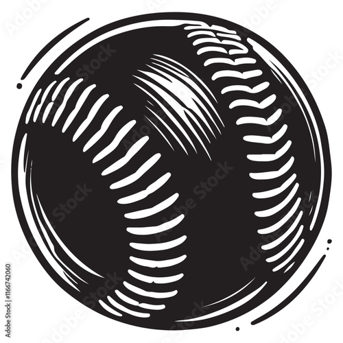 Softball Silhouette Vector Illustration, Solid White Background.