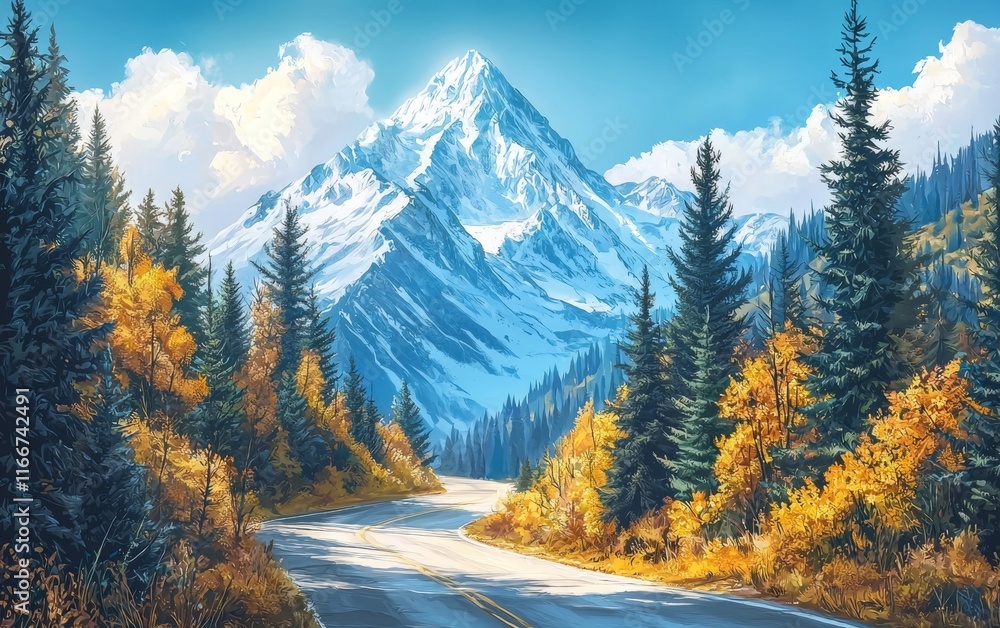 Majestic mountain landscape with winding road and autumn foliage under a clear blue sky Majestic mountain landscape with winding road and autumn foliage under a clear blue sky