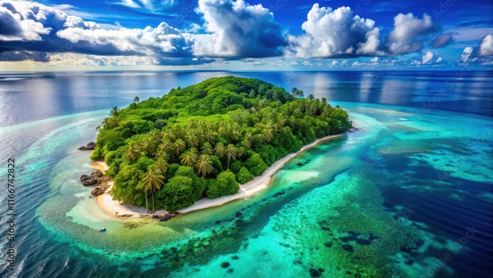 Obraz premium Aerial view of an exotic tropical island with a sea beach, green forest, blue sky, and clouds, exotic, tropical