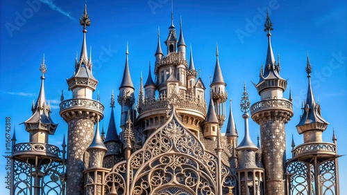 Metal castle with intricate design against a clear blue sky, metal, castle, Loha Prasat, Wat Ratchanatdaram photo