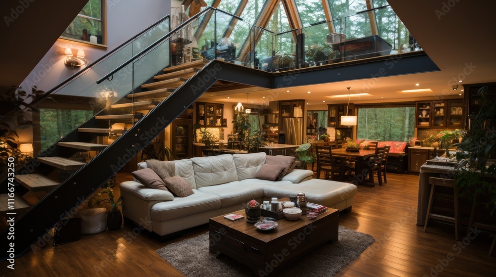 Fototapeta premium Modern Luxurious Home Interior Design with Glass Staircase and Forest Views