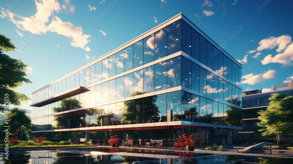 Modern Glass Office Building Reflecting Sky and Clouds Modern Glass Office Building Reflecting Sky and Clouds