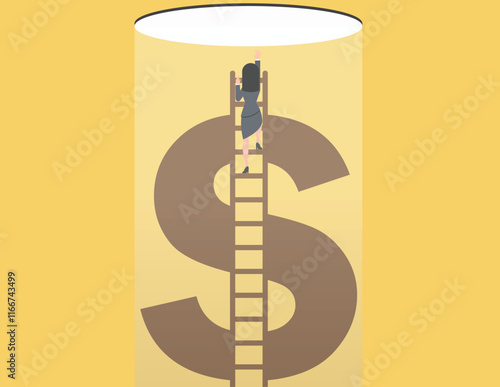 Courage to escape for freedom. Business woman Climbing Ladder to Financial Independence