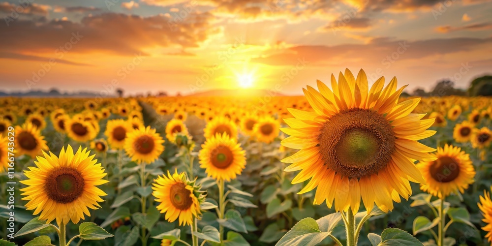 Obraz premium Softly glowing sunflower field at dawn, sunflower field, flower field