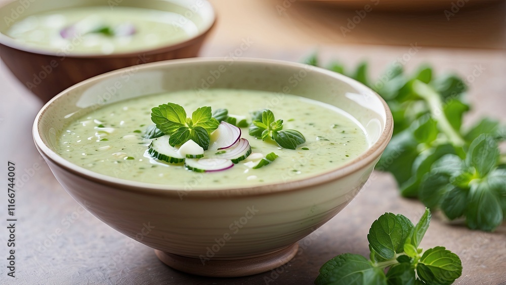 A ceramic cup containing a bowl of cucumber gazpacho soup, fresh mint leaves, onions, and a small amount of olive oil. A ceramic cup containing a bowl of cucumber gazpacho soup, fresh mint leaves, onions, and a small amount of olive oil.