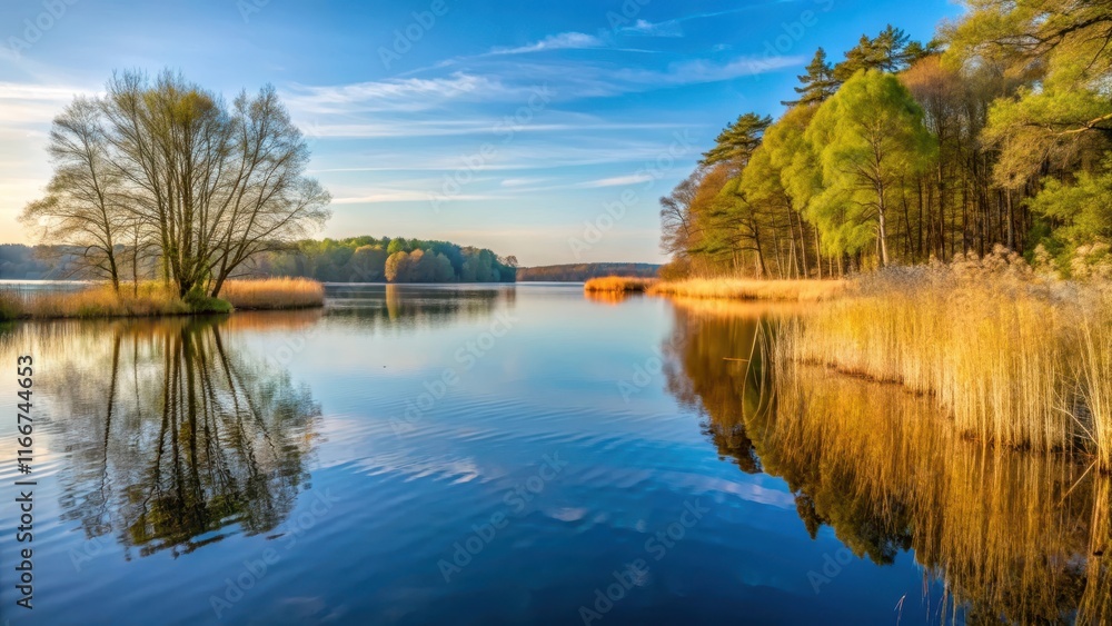 Obraz premium Ruhiges Seeufer am Scharm?tzelsee in Brandenburg mit Schilf, serenity, trees