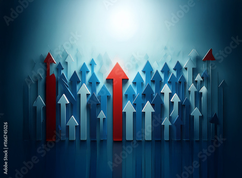 A field of blue arrows points upward, with a single, prominent red arrow standing out, symbolizing leadership and exceeding expectations.  It represents ambition, achievement, and standing out from th