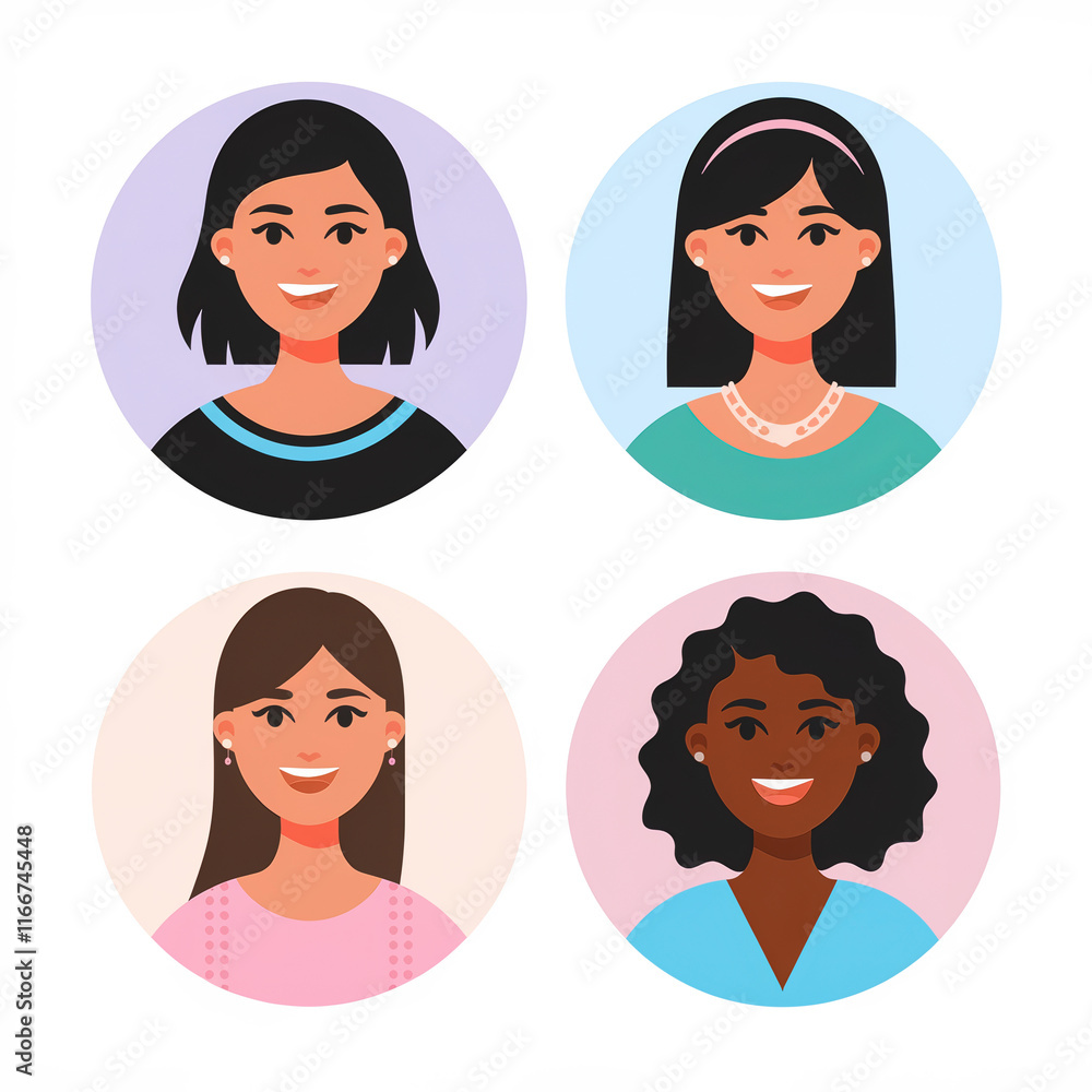 four diverse smiling women user icons or avatars in profile picture illustration set four diverse smiling women user icons or avatars in profile picture illustration set
