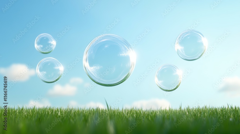A field of grass with four large bubbles floating in the air