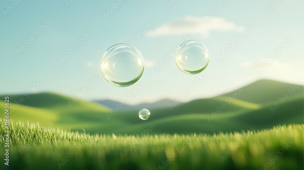 Two bubbles floating in the air above a green field Two bubbles floating in the air above a green field