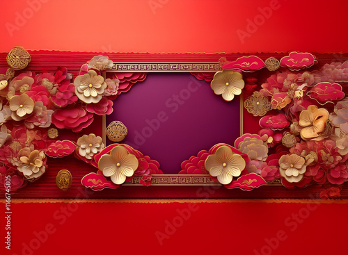 Intricate paper flowers in gold and red hues adorn a rich red background, framing a central purple panel.  A festive, celebratory design perfect for a special occasion. photo