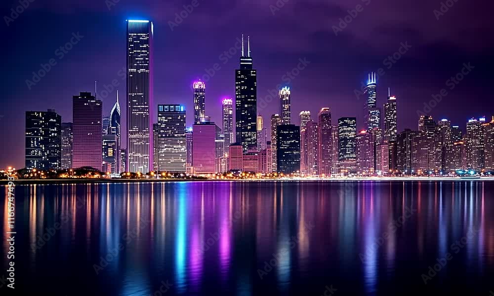 Vibrant Night Skyline of Chicago's Illuminated Cityscape Reflected in Calm Waters Vibrant Night Skyline of Chicago's Illuminated Cityscape Reflected in Calm Waters
