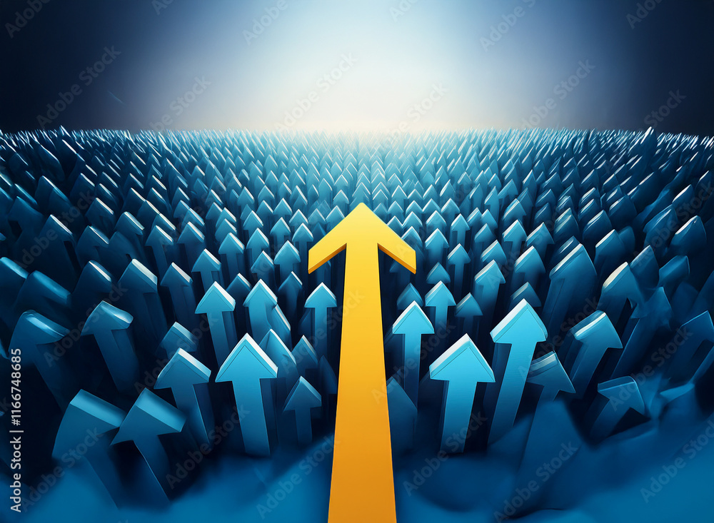 Fototapeta premium A single golden arrow ascends, standing out amongst a sea of smaller, blue arrows pointing upwards. It symbolizes leadership, ambition, and standing out from the crowd.