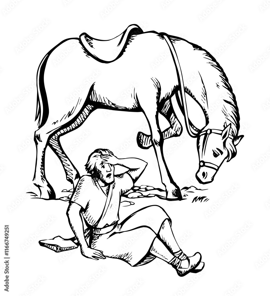 Vector drawing. A man fall from the horse Vector drawing. A man fall from the horse