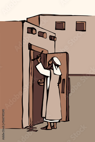 Vector drawing. The family fulfills God's command. Anoints the doorposts with the blood of the lamb