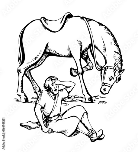 Vector drawing. A man fall from the horse