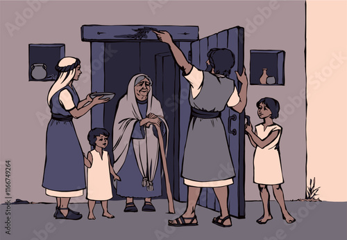 Vector drawing. The family fulfills God's command. Anoints the doorposts with the blood of the lamb