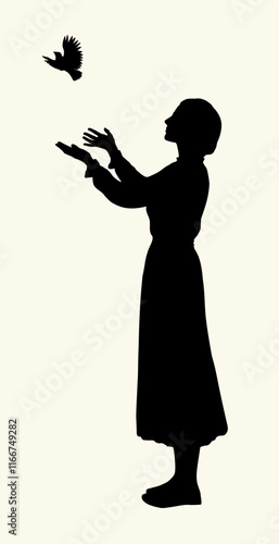 Vector drawing. Praying girl silhouette