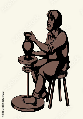 Vector drawing. Potter makes a jug