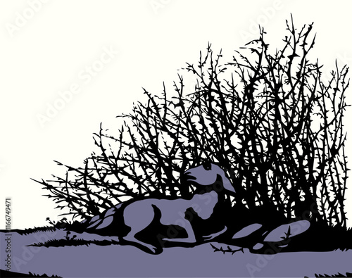 Vector drawing. The sheep got lost in the thorn bushes