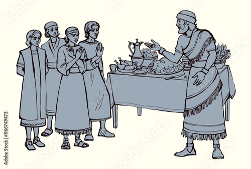 Vector drawing. Daniel and his friends refuse the king's food