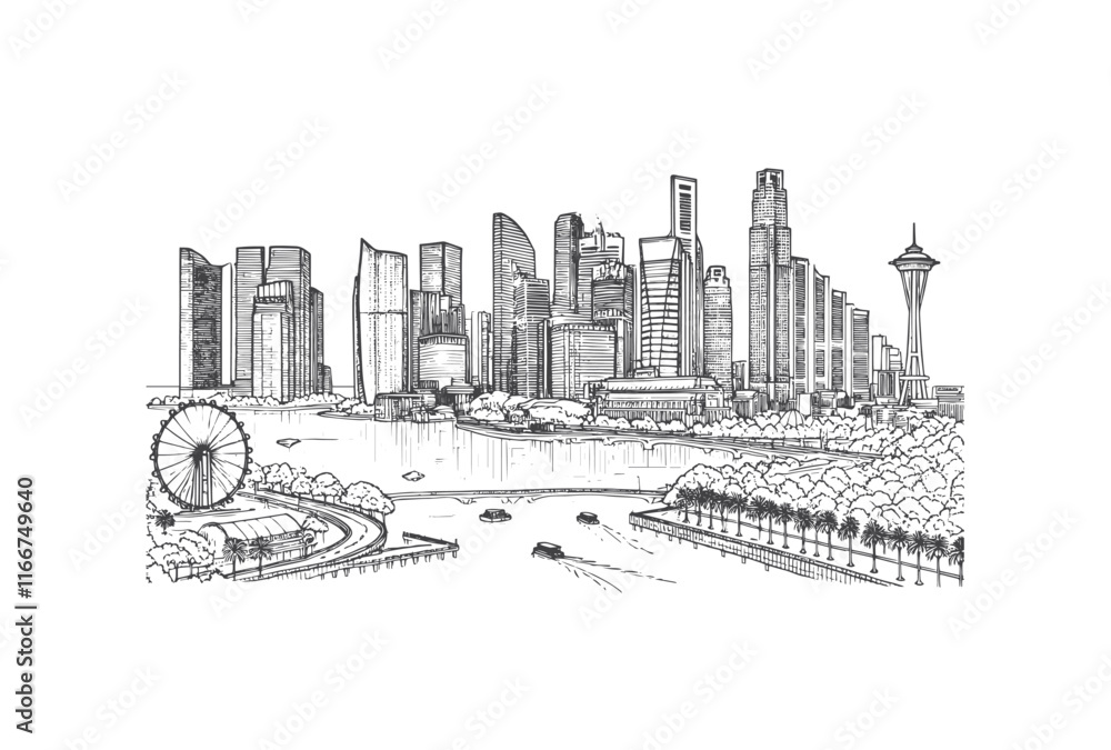 Obraz premium single Line drawing of Modern cityscape of Singapore city isolated on white background