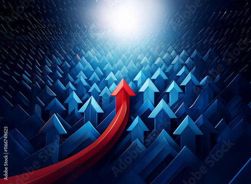 A single, bold red arrow ascends, surpassing a field of smaller, blue arrows pointing upwards.  This symbolizes leadership, standing out, and exceeding expectations.