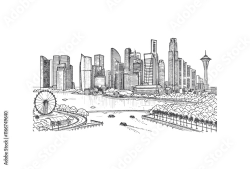 single Line drawing of Modern cityscape of Singapore city isolated on white background