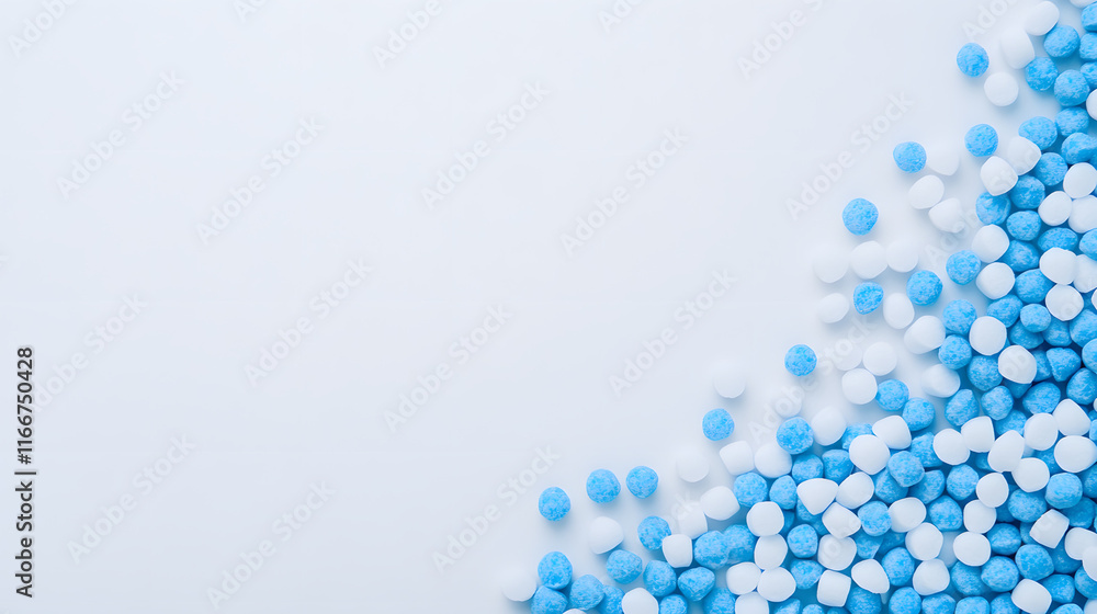 White plastic pellets scattered on a light blue background, symbolizing the raw materials used in plastic production, highlighting their texture and industrial significance in manufacturing processes White plastic pellets scattered on a light blue background, symbolizing the raw materials used in plastic production, highlighting their texture and industrial significance in manufacturing processes