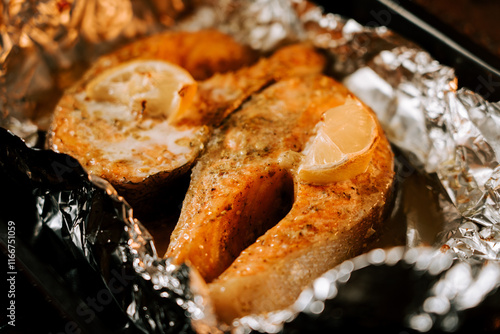 Oven-baked trout steak garnished with lemon for a delicious and healthy meal option photo