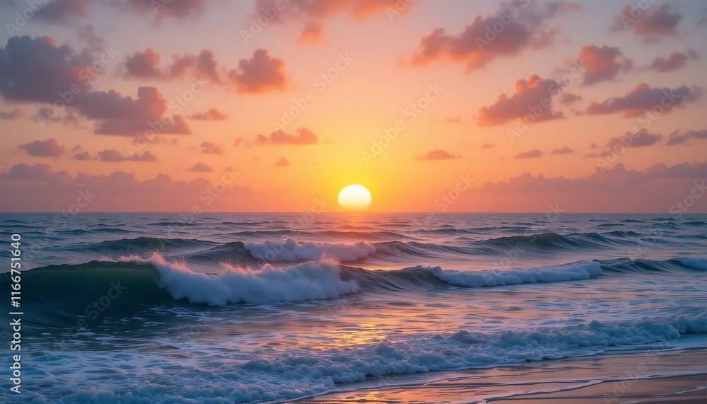 Stunning Sunset over Ocean Waves: Serene Beach Scene Stunning Sunset over Ocean Waves: Serene Beach Scene
