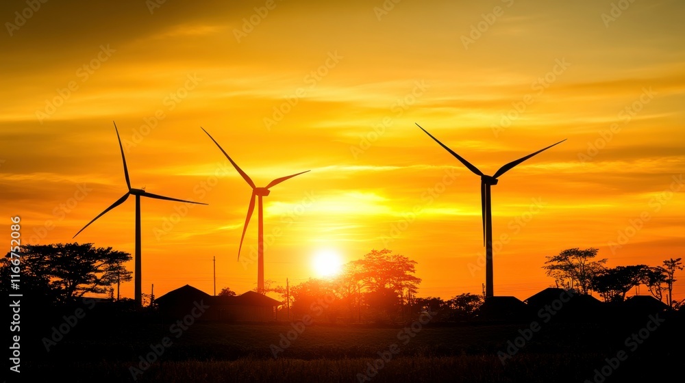 Obraz premium Wind Turbines at Sunset in a Green Village
