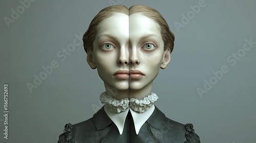 A surreal, split-faced figure in a formal outfit, exploring themes of identity and duality. photo