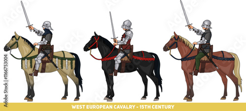 Set of Three Late Medieval European Riders on Horseback in Armour and with Various Weapons, Illustration Isolated on Transparent Background, Historical, EPS 10 Vector