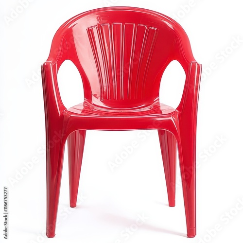 A vibrant red plastic chair with a simple, modern design, featuring armrests and a slatted back, suitable for indoor or outdoor use.